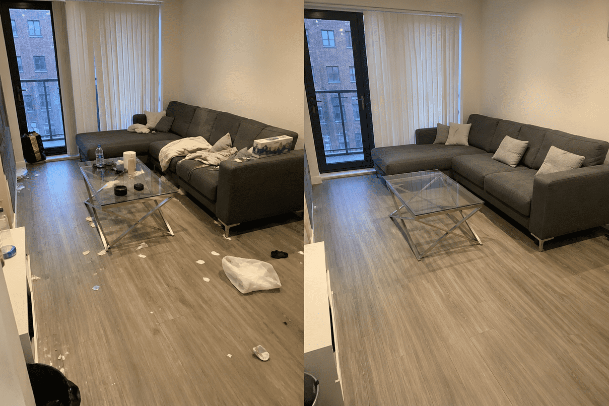 Living room before and after domestic clean