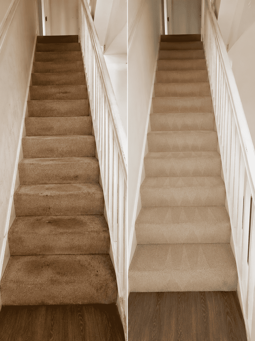 Staircase carpet before and after deep clean