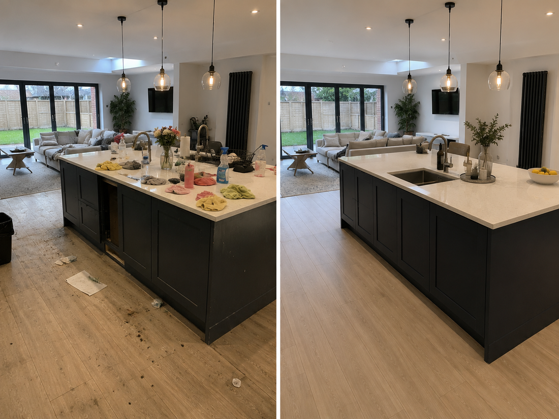Kitchen island before and after Zenith's clean